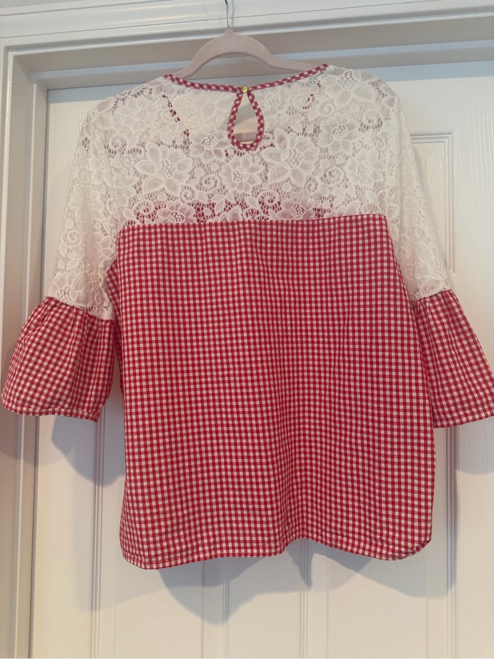 Marc New York Red White Gingham Check Lace Yoke Bell Sleeve Blouse Top L - Picture 5 of 11